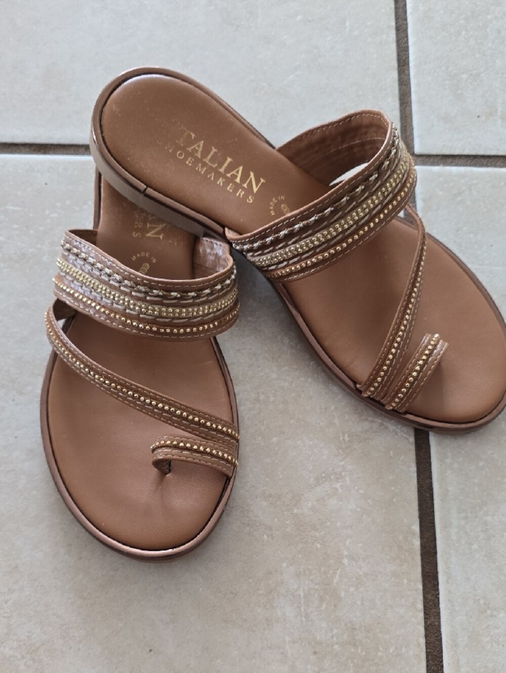 Italian Shoemakers Tan Sz 8 Leather Beaded Slide Sandals - Picture 2 of 5
